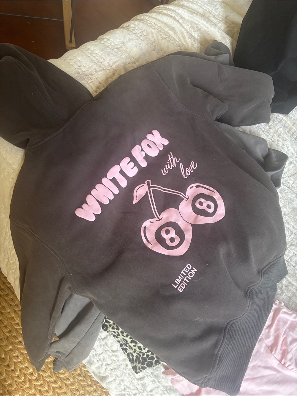 White Fox Boutique Black Hoodie with Pink Cherry Graphic